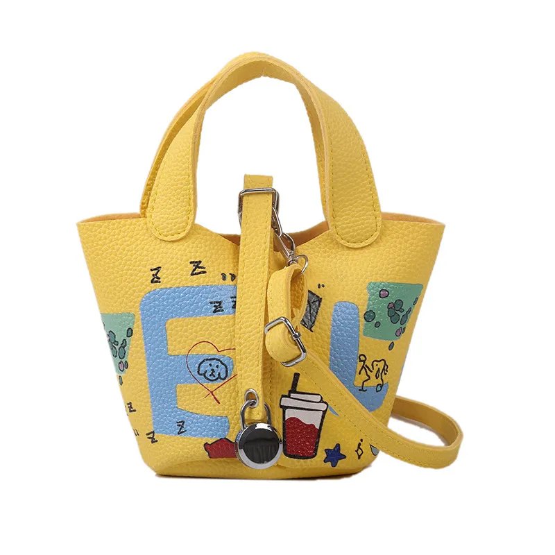 Women Fashion Cartoon Print PU Leather Crossbody Bags Mini Bucket Bag