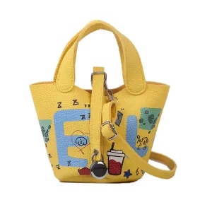 Women Fashion Cartoon Print PU Leather Crossbody Bags Mini Bucket Bag