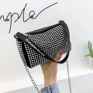 Women Fashion Rhinestone Metal Chain Square Evening Crossbody Bag