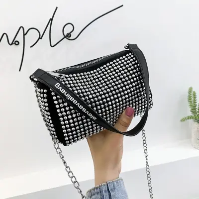 Women Fashion Rhinestone Metal Chain Square Evening Crossbody Bag