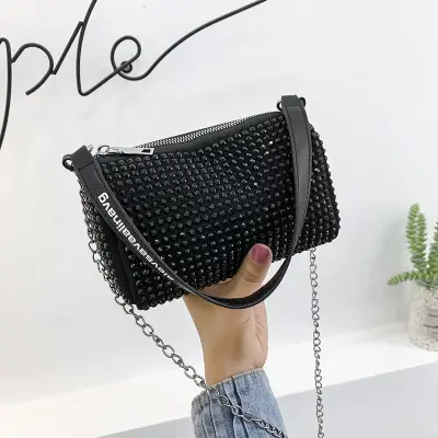 Women Fashion Rhinestone Metal Chain Square Evening Crossbody Bag