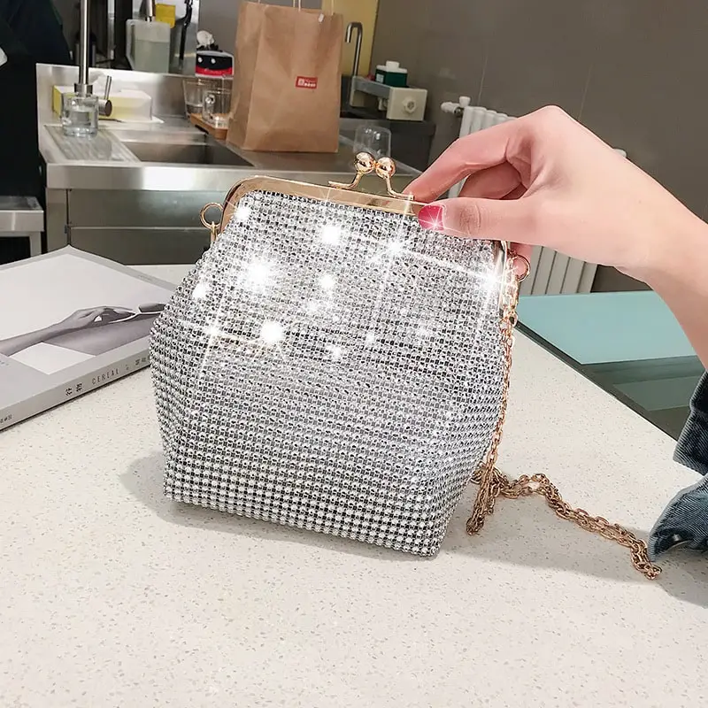 Women Fashion Solid Color Rhinestone Metal Buckle Evening Crossbody Bag