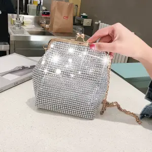 Women Fashion Solid Color Rhinestone Metal Buckle Evening Crossbody Bag