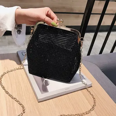 Women Fashion Solid Color Rhinestone Metal Buckle Evening Crossbody Bag
