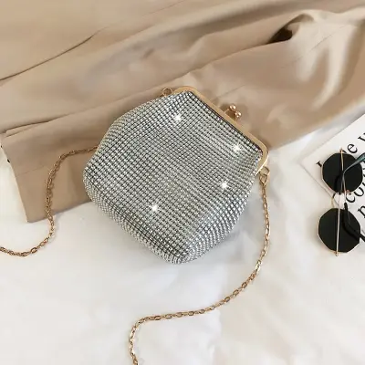 Women Fashion Solid Color Rhinestone Metal Buckle Evening Crossbody Bag