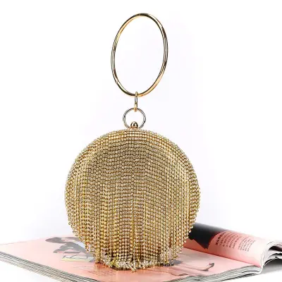 Women Unique Round Rhinestone Tassels Evening Bag Satin Clutch Solid Color Lock Closure