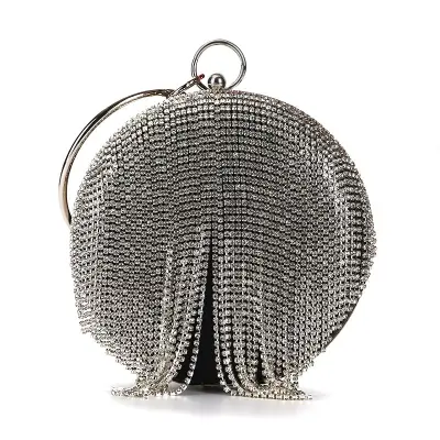 Women Unique Round Rhinestone Tassels Evening Bag Satin Clutch Solid Color Lock Closure
