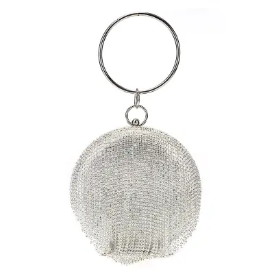 Women Unique Round Rhinestone Tassels Evening Bag Satin Clutch Solid Color Lock Closure
