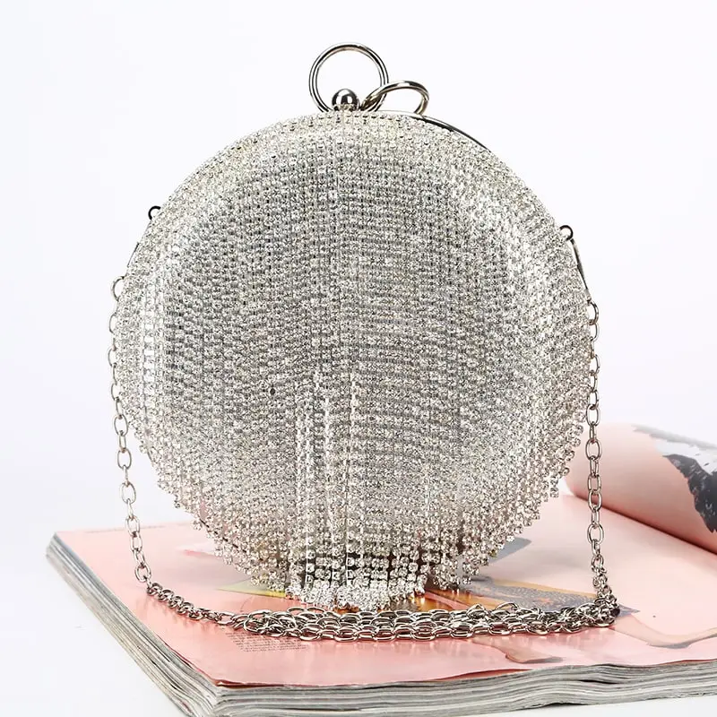 Women Unique Round Rhinestone Tassels Evening Bag Satin Clutch Solid Color Lock Closure