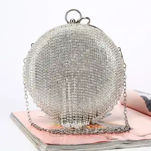 Women Unique Round Rhinestone Tassels Evening Bag Satin Clutch Solid Color Lock Closure