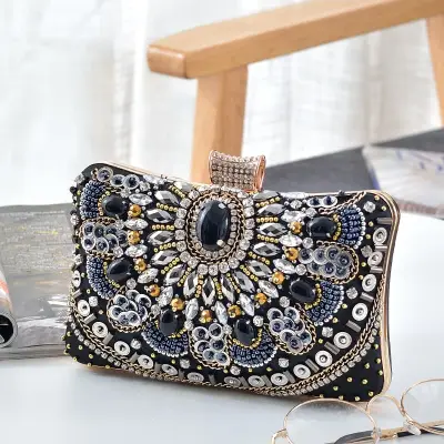 Women Fashion Acrylic Rhinestone Lock Clasp Evening Bag with Chain