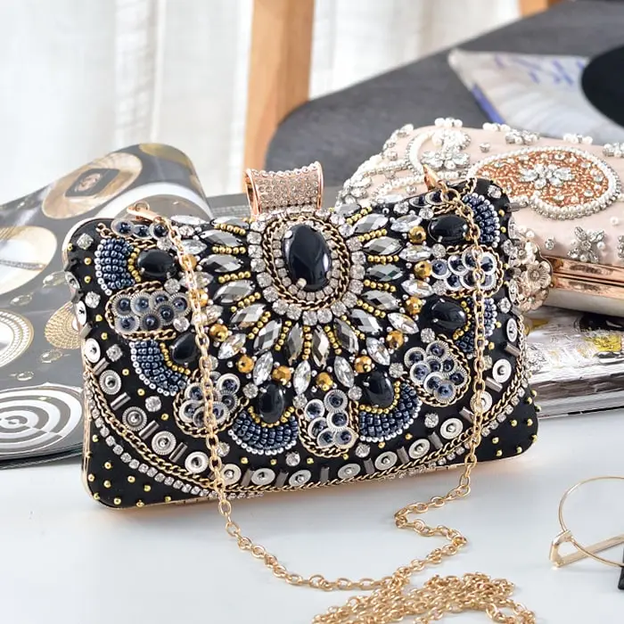 Women Fashion Acrylic Rhinestone Lock Clasp Evening Bag with Chain