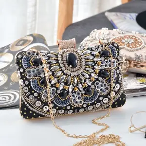 Women Fashion Acrylic Rhinestone Lock Clasp Evening Bag with Chain