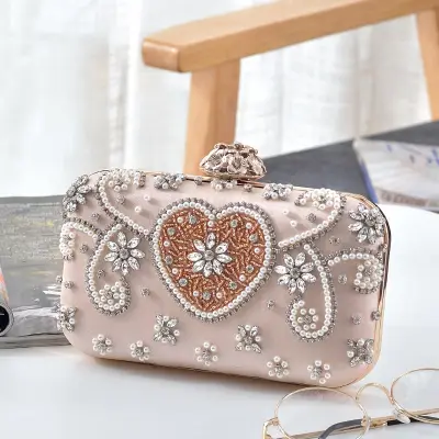 Women Fashion Acrylic Rhinestone Lock Clasp Evening Bag with Chain