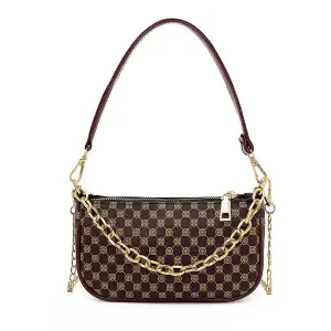 Women Vintage Geometric Printed Metal Chain Crossbody Bag PU Small Square Purse