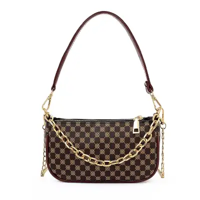 Women Vintage Geometric Printed Metal Chain Crossbody Bag PU Small Square Purse