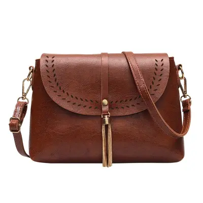 Women Vintage Style Hollow Out Tassels Decoration Crossbody Bag PU Messenger Bag