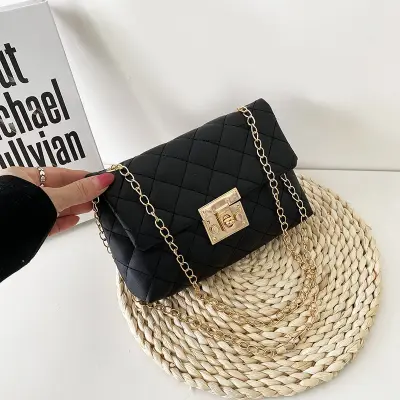Women Simple Style Solid Color PU Lock Mini Crossbody Bag with Chain