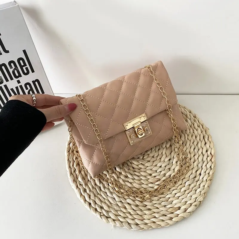 Women Simple Style Solid Color PU Lock Mini Crossbody Bag with Chain