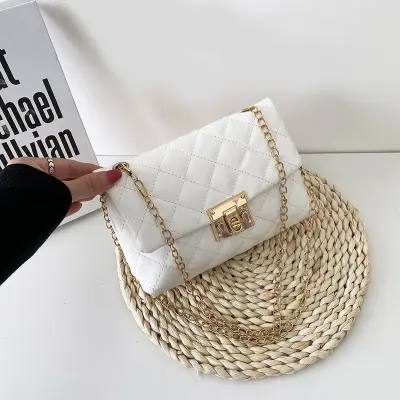 Women Simple Style Solid Color PU Lock Mini Crossbody Bag with Chain