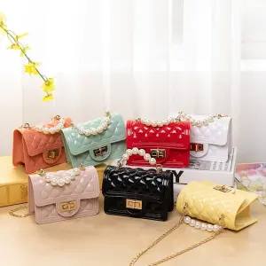 Women Fashion Solid Color Metal Chain Imitation Pearl Decoration Crossbody Bag