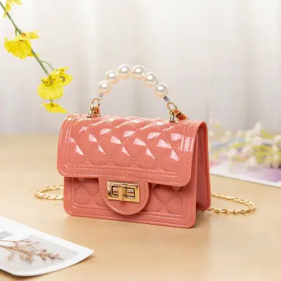 Women Fashion Solid Color Metal Chain Imitation Pearl Decoration Crossbody Bag