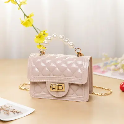 Women Fashion Solid Color Metal Chain Imitation Pearl Decoration Crossbody Bag