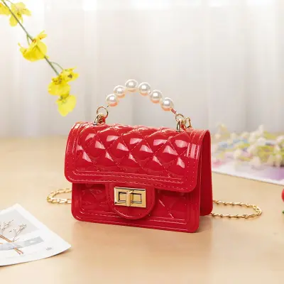 Women Fashion Solid Color Metal Chain Imitation Pearl Decoration Crossbody Bag