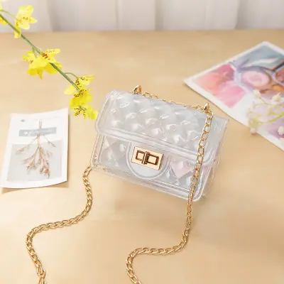 Women Fashion Solid Color Metal Chain Imitation Pearl Decoration Crossbody Bag