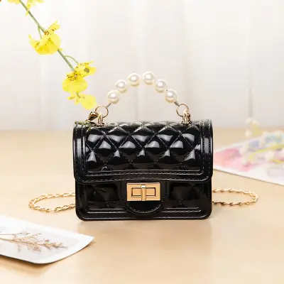 Women Fashion Solid Color Metal Chain Imitation Pearl Decoration Crossbody Bag
