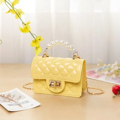 Women Fashion Solid Color Metal Chain Imitation Pearl Decoration Crossbody Bag