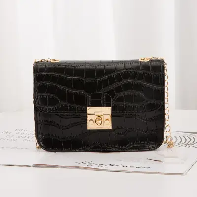 Women Simple Style Solid Color Crocodile Pattern Metal Chain Crossbody Bag
