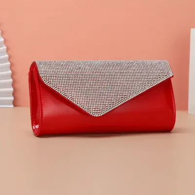 Women Fashion Rhinestone Decoration Metal Chain PU Leather Evening Bag