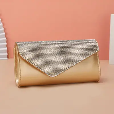 Women Fashion Rhinestone Decoration Metal Chain PU Leather Evening Bag