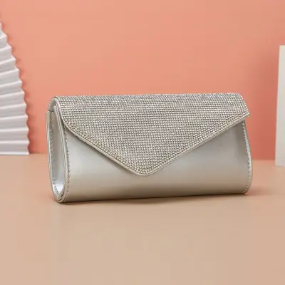 Women Fashion Rhinestone Decoration Metal Chain PU Leather Evening Bag