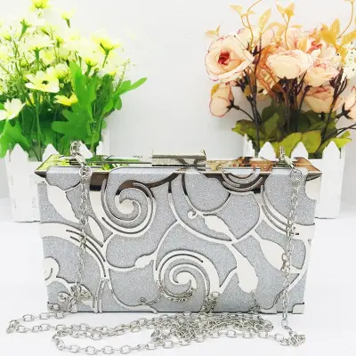 Women Color Block Metal Leaves Decoration Evening Bag with Magnetic Closure