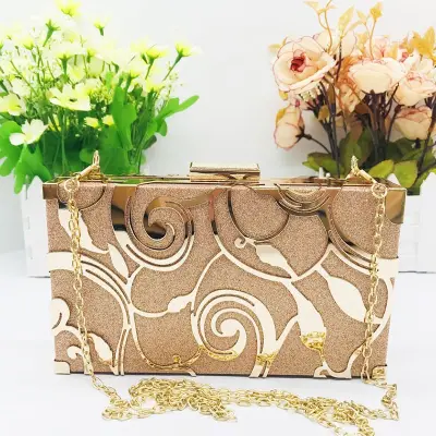 Women Color Block Metal Leaves Decoration Evening Bag with Magnetic Closure