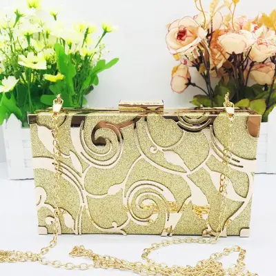 Women Color Block Metal Leaves Decoration Evening Bag with Magnetic Closure