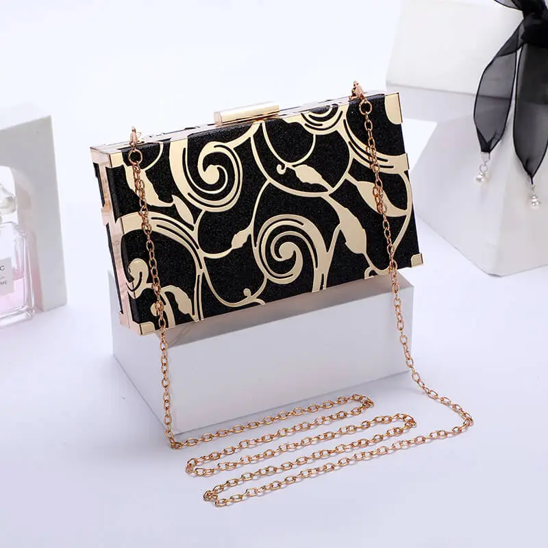 Women Color Block Metal Leaves Decoration Evening Bag with Magnetic Closure