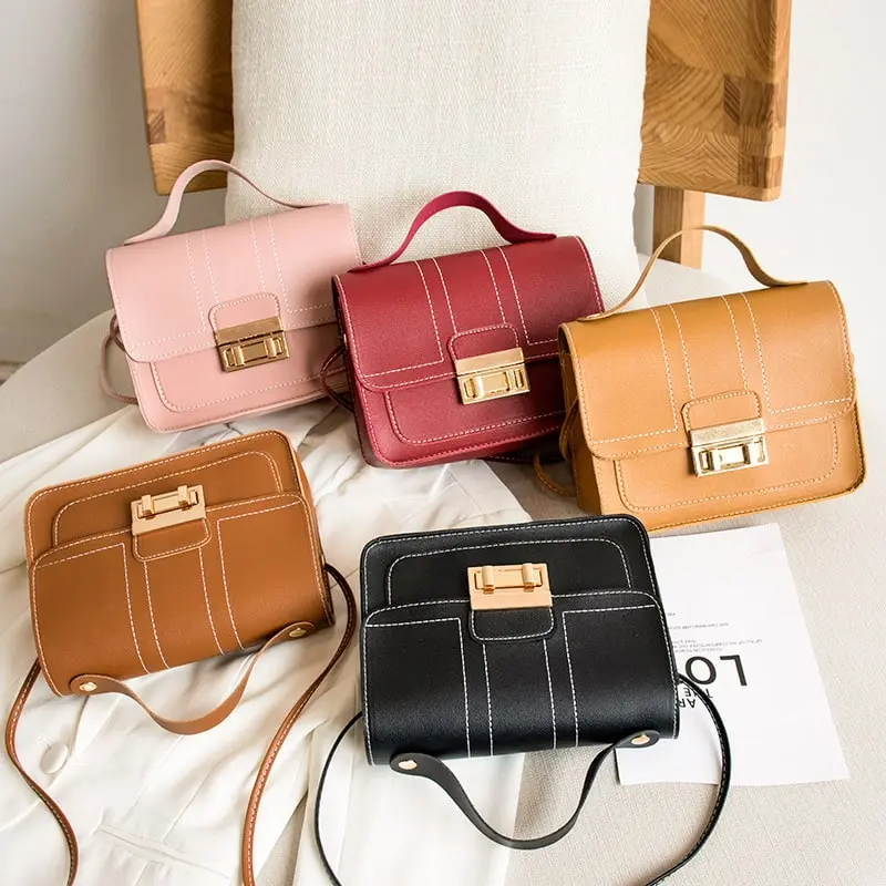 Women Simple Style Stitching Lock Clasp Crossbody Bag PU Small Square