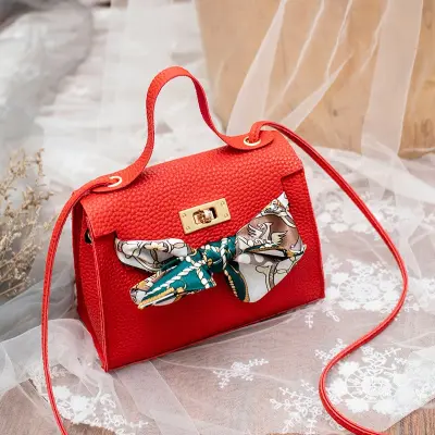 Women's Fashion Ribbon Bow PU Leather Crossbody Bag Solid Color with Silk Scarf Small Square Bag