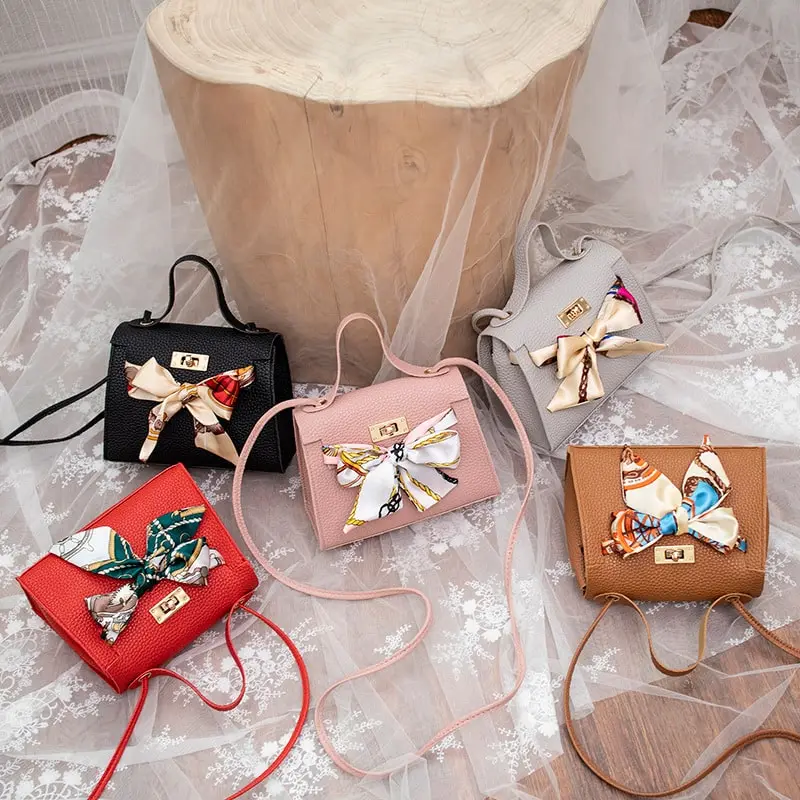 Women's Fashion Ribbon Bow PU Leather Crossbody Bag Solid Color with Silk Scarf Small Square Bag