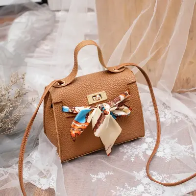Women's Fashion Ribbon Bow PU Leather Crossbody Bag Solid Color with Silk Scarf Small Square Bag