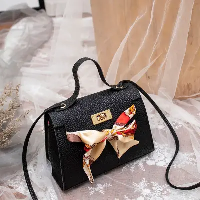Women's Fashion Ribbon Bow PU Leather Crossbody Bag Solid Color with Silk Scarf Small Square Bag
