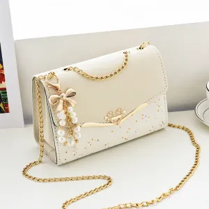 Women Cute Sequins Imitation Pearl Decoration Crossbody Bag PU