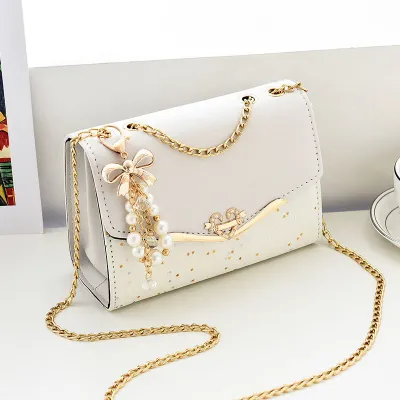 Women Cute Sequins Imitation Pearl Decoration Crossbody Bag PU