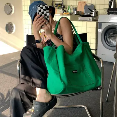 Women Simple Style Large Capacity Canvas Tote Shoulder Bag