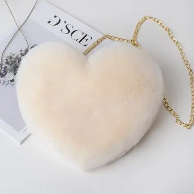 Women Cute Solid Color Heart-shape Plush Shoulder Bag with Chain Strap