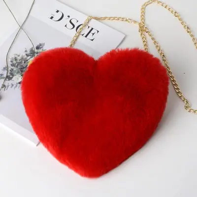 Women Cute Solid Color Heart-shape Plush Shoulder Bag with Chain Strap