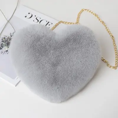 Women Cute Solid Color Heart-shape Plush Shoulder Bag with Chain Strap